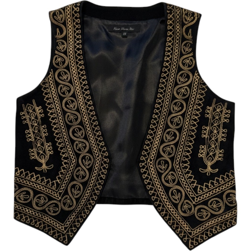 Heart Moon Star Black Gold Soutache Embroidered Cropped Vest Bolero XS‎